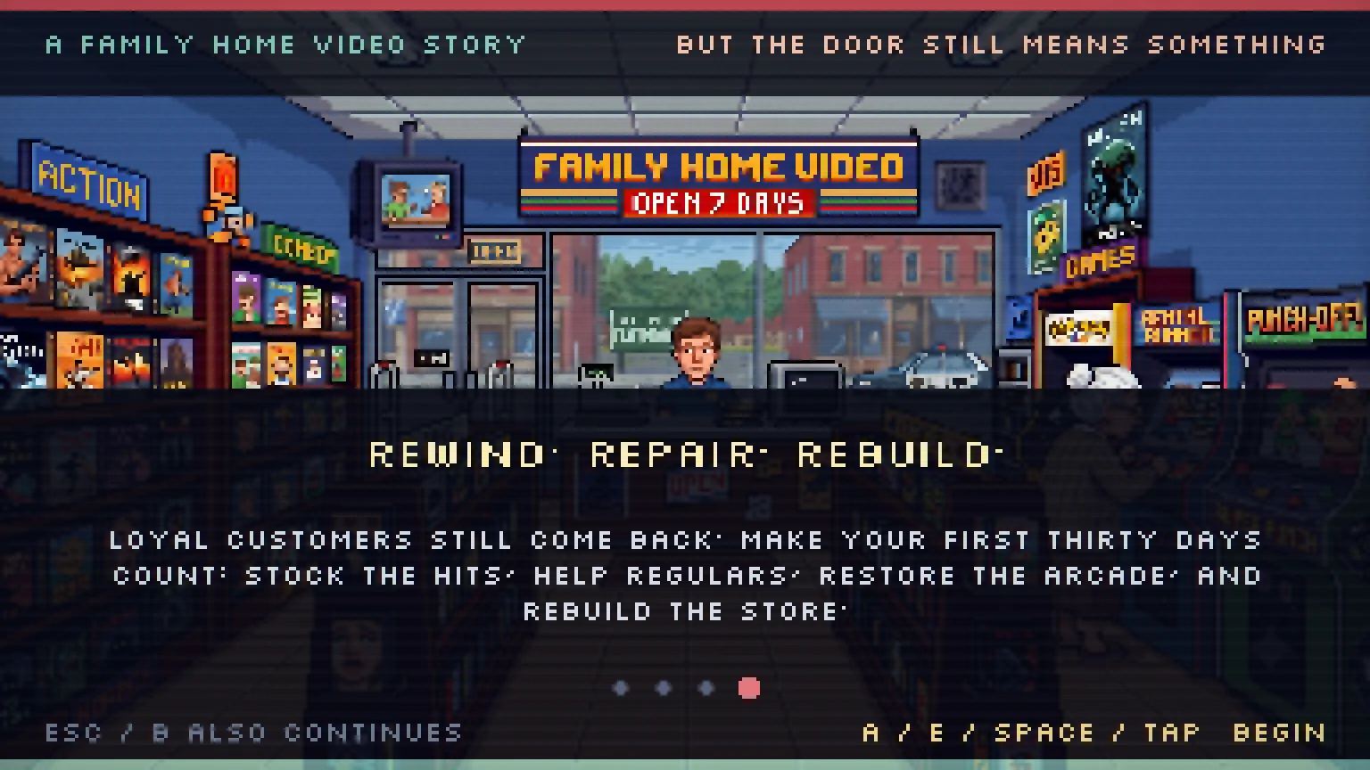 Family Home Video store, characters, arcade cabinets, and the Rewind Repair Rebuild message
